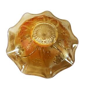 Vintage Jeanette Marigold Amber Carnival Glass Ribbed Iris Flower 11.5" Bowl